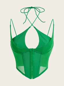 SHEIN ICON Y2k Clothes  Lace Top Corset Top Club Tops Patchwork Cups Double Strap Metal Button Decorated Women Camisole - Olive Green - View 5