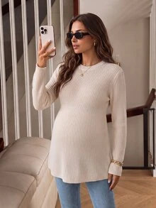 SHEIN Maternity Solid Color Casual Versatile Daily Wear Long Sleeve Sweater Winter - Apricot - View 3