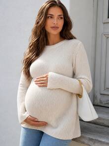 SHEIN Maternity Solid Color Casual Versatile Daily Wear Long Sleeve Sweater Winter - Apricot - View 2