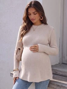 SHEIN Maternity Solid Color Casual Versatile Daily Wear Long Sleeve Sweater Winter - Apricot - View 4