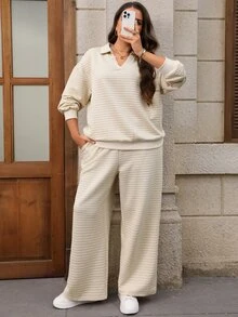 EMERY ROSE Plus Size Casual Versatile Solid Color Sweatshirt & Sweatpants 2 Pieces Set Fall - Khaki - View 5