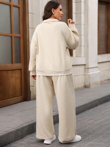 EMERY ROSE Plus Size Casual Versatile Solid Color Sweatshirt & Sweatpants 2 Pieces Set Fall - Khaki - View 2