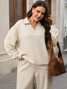 EMERY ROSE Plus Size Casual Versatile Solid Color Sweatshirt & Sweatpants 2 Pieces Set Fall - Khaki - View 6