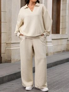 EMERY ROSE Plus Size Casual Versatile Solid Color Sweatshirt & Sweatpants 2 Pieces Set Fall - Khaki - View 7