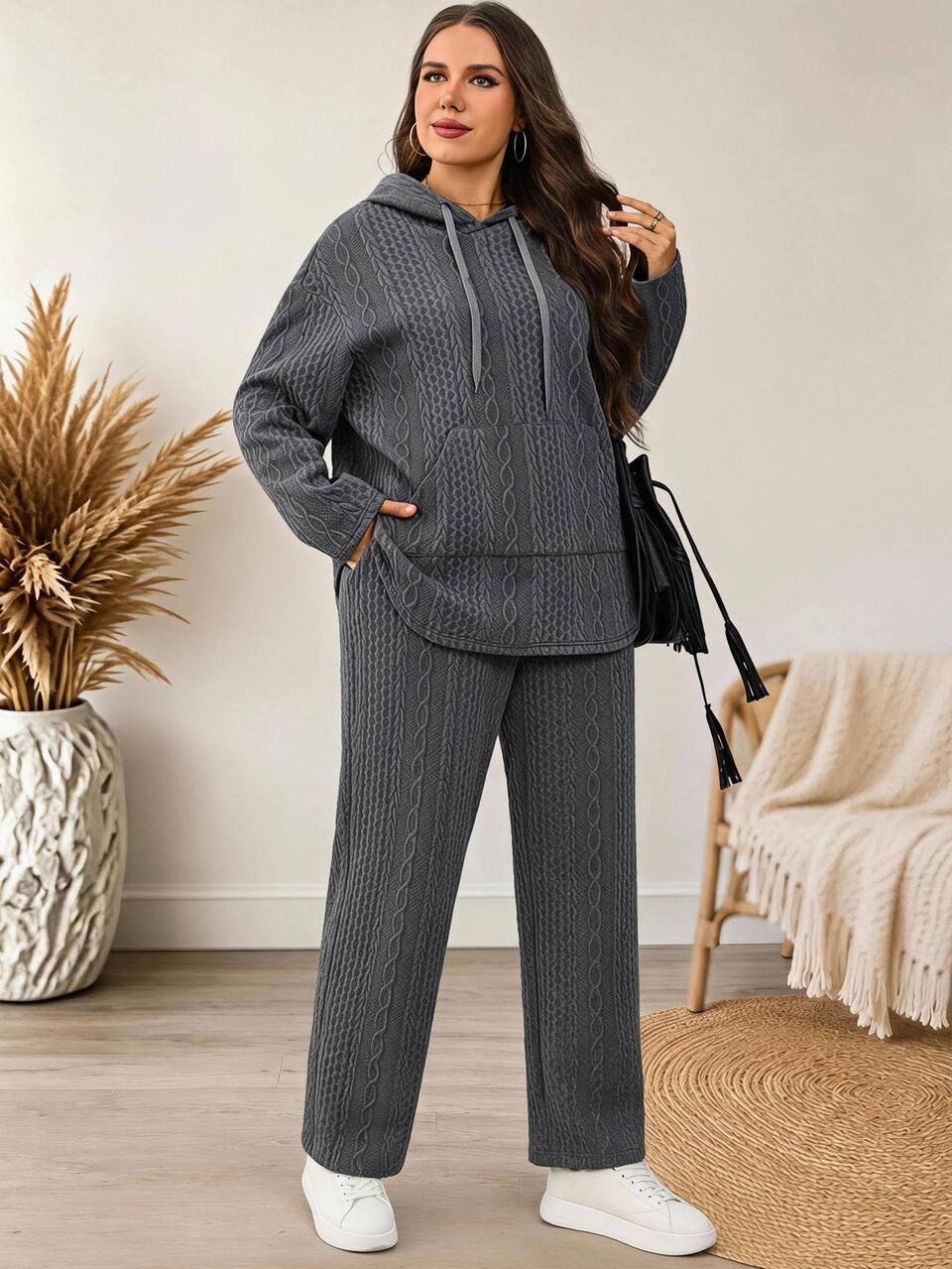 Plus Size Women's Textured Long Sleeve Hooded Sweatshirt And Pants Casual 2 Pieces Set Autumn Formal Vacation Office Red