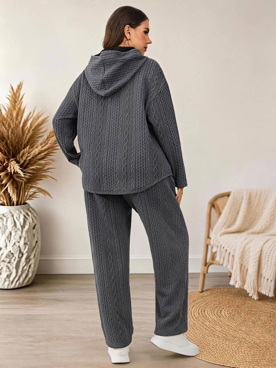 Plus Size Women's Textured Long Sleeve Hooded Sweatshirt And Pants Casual 2 Pieces Set Autumn Formal Vacation Office Red