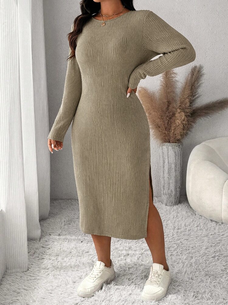 SHEIN Frenchy Plus Size Women Solid Color Casual Minimalist Daily Wear Dress Fall/Winter Casual Daily Going Out Dress For Women Fall/Winter Casual Office Work Dress - Khaki - View 6