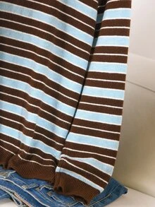CosyJoli كنزة صوفية نسائية بياقة دائرية وتصميم كتل لونية وخطوط، أكمام طويلة وقصة فضفاضة وكاجوال منسوجة للشتاء - بني - مشاهدة 6