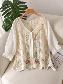 CosyJoli Plus Size Women's Summer Short Sleeve Knit Crochet Cardigan With Embroidery Lace Patchwork Elegant Boho Cottage Core Vacation French Top Beige - Apricot - View 6