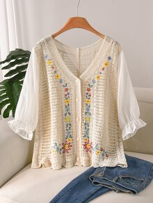 CosyJoli Plus Size Women's Summer Short Sleeve Knit Crochet Cardigan With Embroidery Lace Patchwork Elegant Boho Cottage Core Vacation French Top Beige - Apricot - View 5