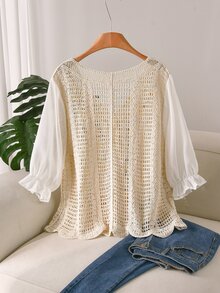 CosyJoli Plus Size Women's Summer Short Sleeve Knit Crochet Cardigan With Embroidery Lace Patchwork Elegant Boho Cottage Core Vacation French Top Beige - Apricot - View 3
