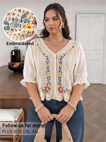 CosyJoli Plus Size Women's Summer Short Sleeve Knit Crochet Cardigan With Embroidery Lace Patchwork Elegant Boho Cottage Core Vacation French Top Beige - Apricot - View 4