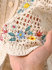 CosyJoli Plus Size Women's Summer Short Sleeve Knit Crochet Cardigan With Embroidery Lace Patchwork Elegant Boho Cottage Core Vacation French Top Beige - Apricot - View 7