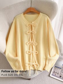 CosyJoli Plus Size Women's Sweet Fashion Tie-Front Long Sleeve Knit Cardigan Preppy Fancy Cute Kawaii Style Autumn Date Night Evening Office Butter Yellow - Yellow - View 4