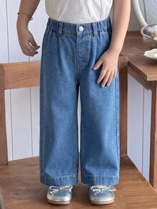 SHEIN Vintaside Kids 幼女休閒復古牛仔長褲，舒適可愛街頭風，中洗藍色，寬腿褲腳縫線設計，鬆緊腰頭，寬鬆版型，柔軟棉質牛仔布，適合日常穿著、開學季與校園場合 - 中等水洗藍 - 查看 7