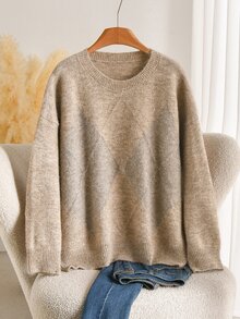 CosyJoli Plus Size Elegant 80s 90s Casual French Style Diamond Lattice Colorblock Sequin Knit Pullover Sweater Top For Women Business Dating Autumn Beige - Khaki - View 4