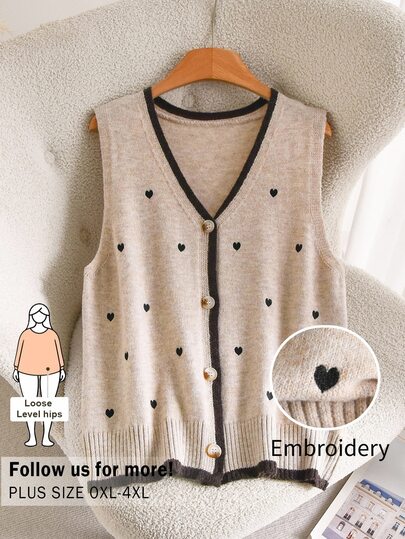 CosyJoli Große Größen Farbblock-Saum Herz-Stickerei Strickweste Herbst elegant süß Kawaii verspielt lässig Streetwear Abschluss Strickoberteil Beige Schulanfang