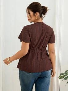 Lounesse Plus Size Tie Dye Floral V-Neck Lace Patchwork Textured T-Shirt For Women Dark Brown Top Blouse Summer Tops - Brown - View 2