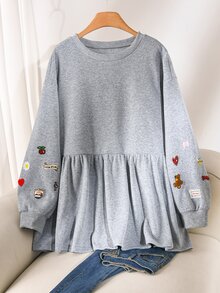 CosyJoli Plus Size Embroidered Fashion Ruffle Hem Crew Neck Sweatshirt Casual Cute Kawaii Back To School Sweatshirt For Women Autumn Daily Going Out Formal Party - Grey - View 4