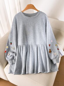 CosyJoli Plus Size Embroidered Fashion Ruffle Hem Crew Neck Sweatshirt Casual Cute Kawaii Back To School Sweatshirt For Women Autumn Daily Going Out Formal Party - Grey - View 6