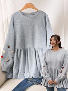 CosyJoli Plus Size Embroidered Fashion Ruffle Hem Crew Neck Sweatshirt Casual Cute Kawaii Back To School Sweatshirt For Women Autumn Daily Going Out Formal Party - Grey - View 5