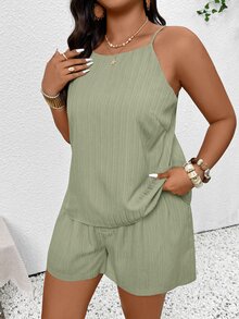 SHEIN Frenchy Plus Size Women Single-Breasted Camisole Top And Shorts Casual 2 Pieces Set, Summer Outfits - Green - View 2