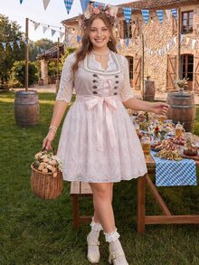 SHEIN Frenchy Plus Size Women'S Contrast Lace Tie Design Pink Beer Festival Dress Oktoberfest Dress Features Include A Mesh Design, A Lace-Up, Sweetheart Neckline - Pink - View 8