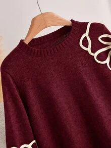 CosyJoli Plus Size Women Floral Textured Round Neck Long Sleeve Pullover Sweater Autumn Family Evening Burgundy Matching Elegant - Burgundy - View 6