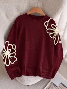 CosyJoli Plus Size Women Floral Textured Round Neck Long Sleeve Pullover Sweater Autumn Family Evening Burgundy Matching Elegant - Burgundy - View 5