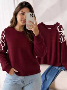 CosyJoli Plus Size Women Floral Textured Round Neck Long Sleeve Pullover Sweater Autumn Family Evening Burgundy Matching Elegant - Burgundy - View 3