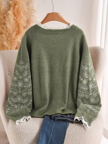 CosyJoli 大尺碼法式度假風刺繡長袖套頭針織衫 冬季 - 綠色 - 查看 2