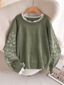 CosyJoli 大尺碼法式度假風刺繡長袖套頭針織衫 冬季 - 綠色 - 查看 6