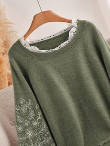 CosyJoli 大尺碼法式度假風刺繡長袖套頭針織衫 冬季 - 綠色 - 查看 4