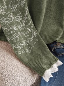 CosyJoli 大尺碼法式度假風刺繡長袖套頭針織衫 冬季 - 綠色 - 查看 5