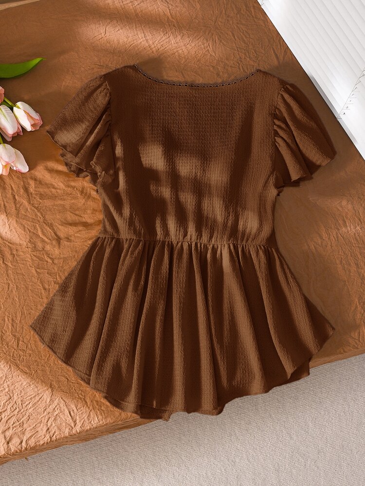 CosyJoli Plus Size Women's Solid Color Button Design Waist T-Shirt, Casual Girlfriend Outing - Brown - View 2