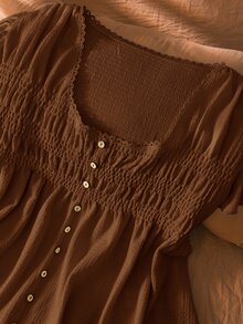 CosyJoli Plus Size Women's Solid Color Button Design Waist T-Shirt, Casual Girlfriend Outing - Brown - View 5