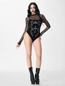 ROMWE Goth Women's Mesh Patchwork Cross Pattern Casual Daily Bodysuit - Black - View 3