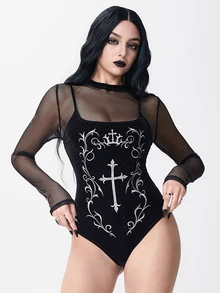 ROMWE Goth Women's Mesh Patchwork Cross Pattern Casual Daily Bodysuit - Black - View 7
