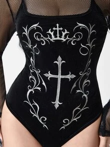 ROMWE Goth Women's Mesh Patchwork Cross Pattern Casual Daily Bodysuit - Black - View 2