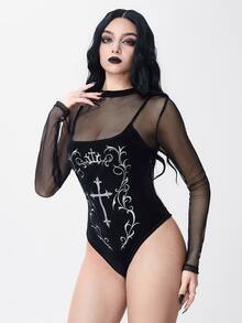 ROMWE Goth Women's Mesh Patchwork Cross Pattern Casual Daily Bodysuit - Black - View 6