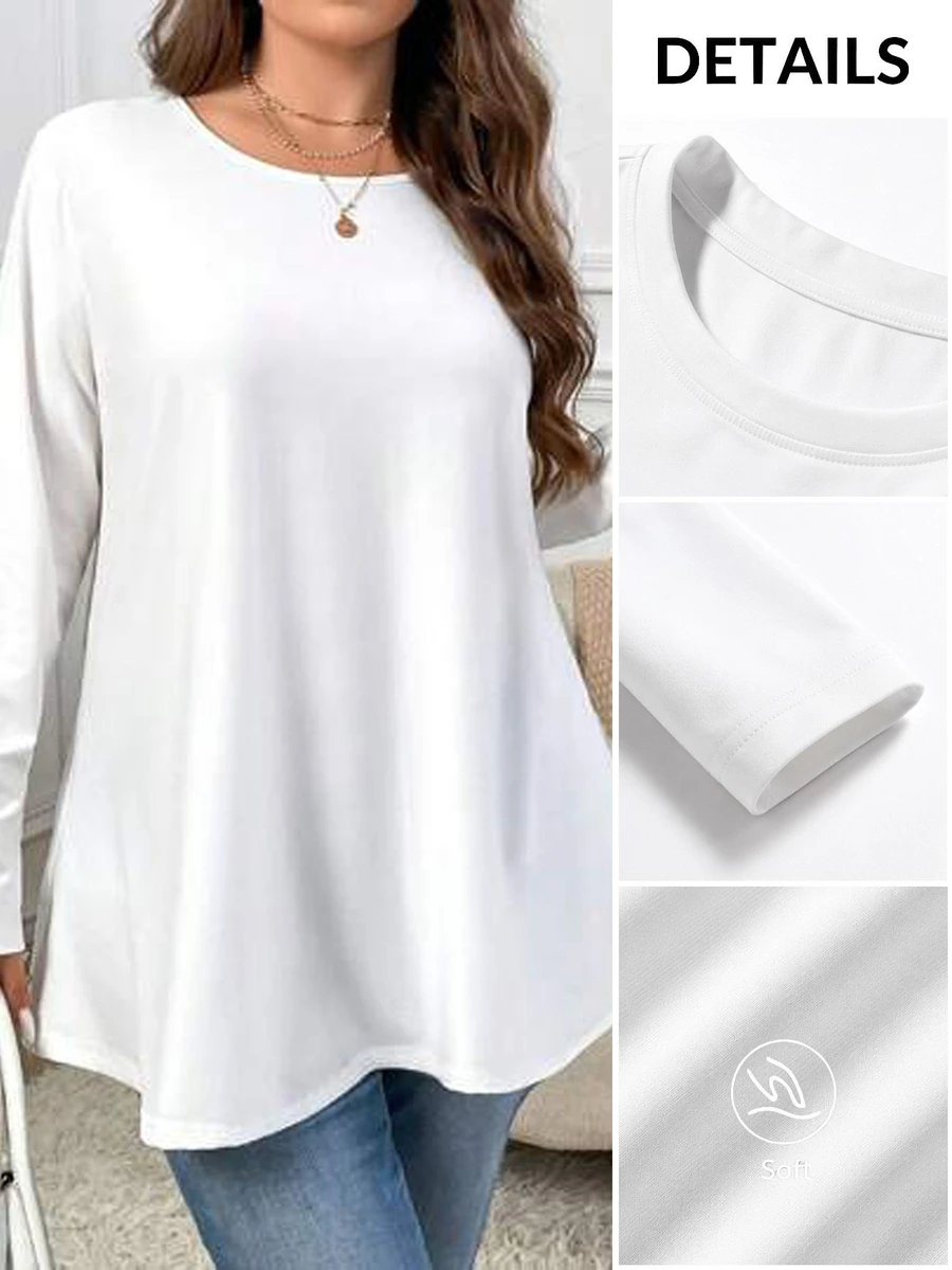 Firerie Plus Size Elegant Casual Vacation Home Loose Long Sleeve Round Neck Solid Color Basic Layering Swing T-Shirt Fall