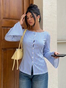 Siren Gaze بلوزة نسائية جديدة مطرزة بأكمام طويلة لجميع الفصول - ازرق وابيض - مشاهدة 9