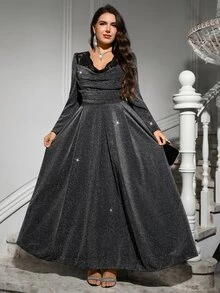 Reflora Plus Size Women's Lace Patchwork Elegant Waist-Cinching Party Dress Fall - Black - View 1