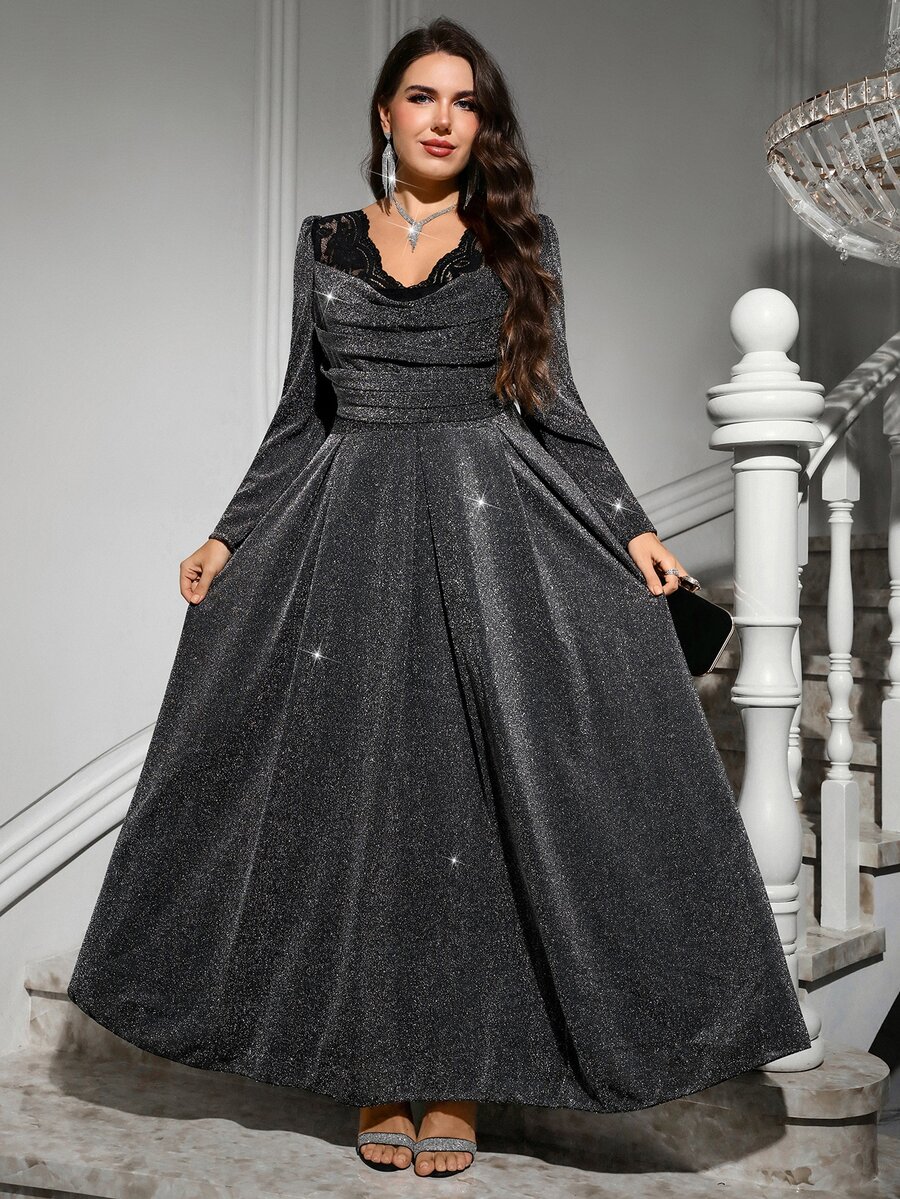 Reflora Plus Size Women's Lace Patchwork Elegant Waist-Cinching Party Dress Fall - Black - View 1