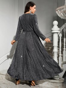 Reflora Plus Size Women's Lace Patchwork Elegant Waist-Cinching Party Dress Fall - Black - View 2
