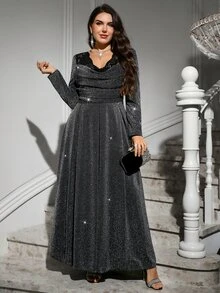 Reflora Plus Size Women's Lace Patchwork Elegant Waist-Cinching Party Dress Fall - Black - View 3
