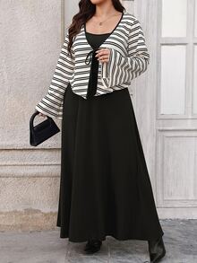 SHEIN Clasi Plus Size Women Striped Long Sleeve Top And Solid Color Dress 2 Pieces Set Fall - Black - View 4