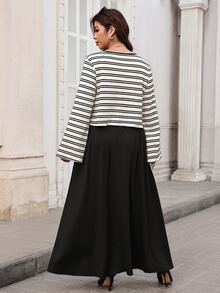 SHEIN Clasi Plus Size Women Striped Long Sleeve Top And Solid Color Dress 2 Pieces Set Fall - Black - View 2