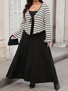 SHEIN Clasi Plus Size Women Striped Long Sleeve Top And Solid Color Dress 2 Pieces Set Fall - Black - View 6