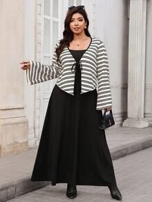 SHEIN Clasi Plus Size Women Striped Long Sleeve Top And Solid Color Dress 2 Pieces Set Fall - Black - View 3